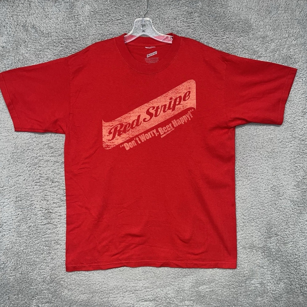 Official Red Stripe T Shirt Men's XL‎ Red Dont Worry Beer Happy Distressed Tee
